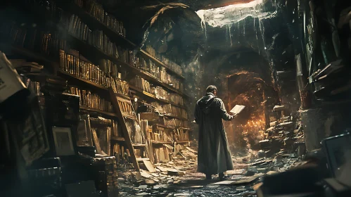 Man Reading in a Cave Library