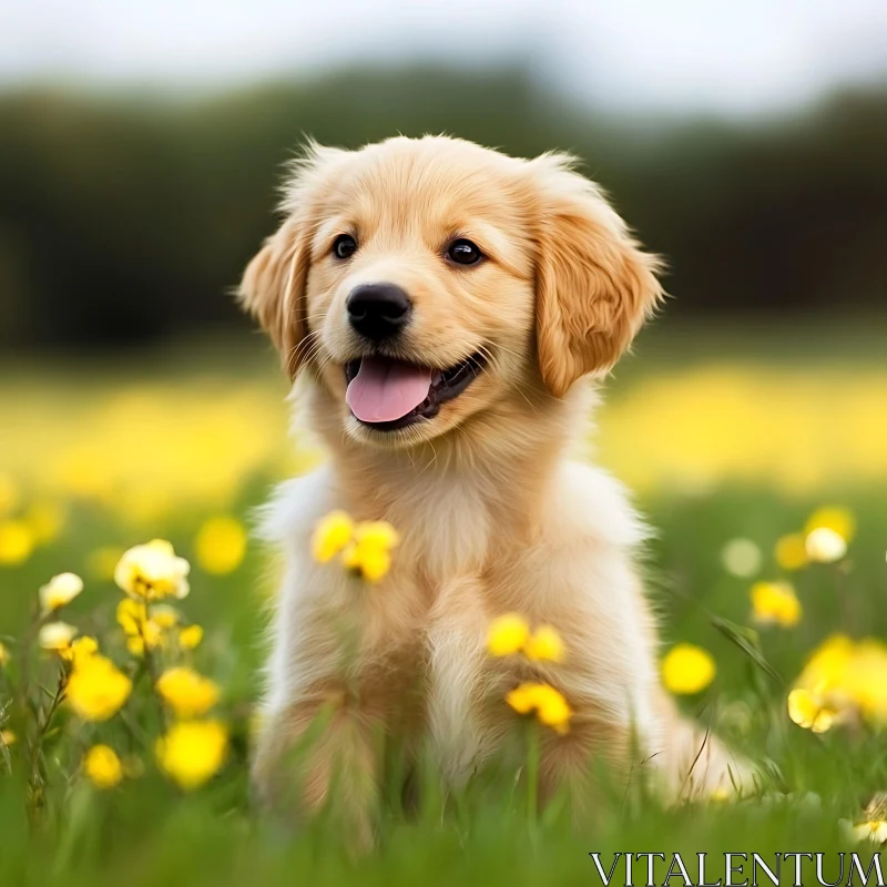 Happy Golden Retriever Puppy in Yellow Flower Field AI Image