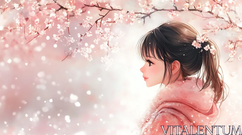 Anime Girl Among Cherry Blossoms AI Image