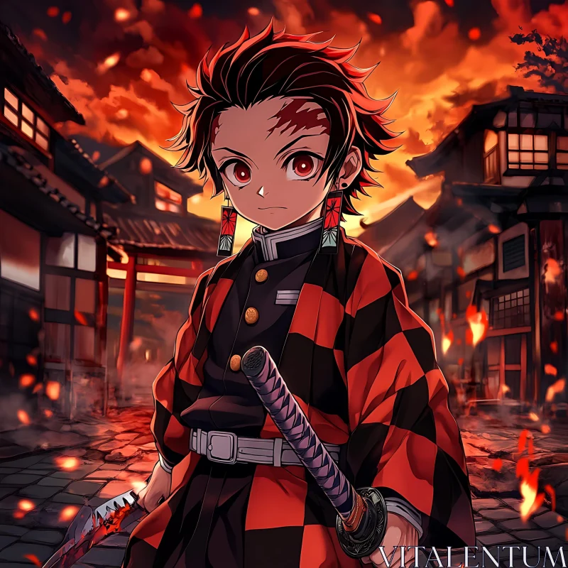 Samurai in Burning Village AI Image