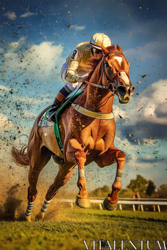 Intense Horse Racing Scene with Jockey in Motion AI Image