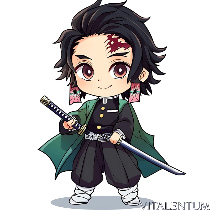 Chibi Anime Warrior with Sword and Green Cape AI Image