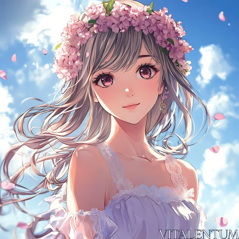 Anime Portrait of Girl with Flower Crown AI Image