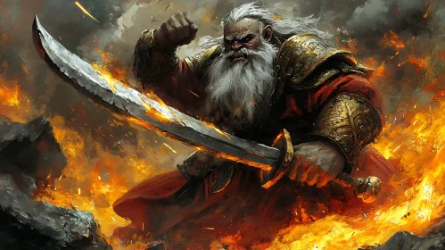 Fierce Swordsman in Fiery Battle Scene