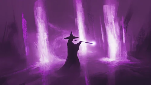 Wizard Casting Spell in Purple Light