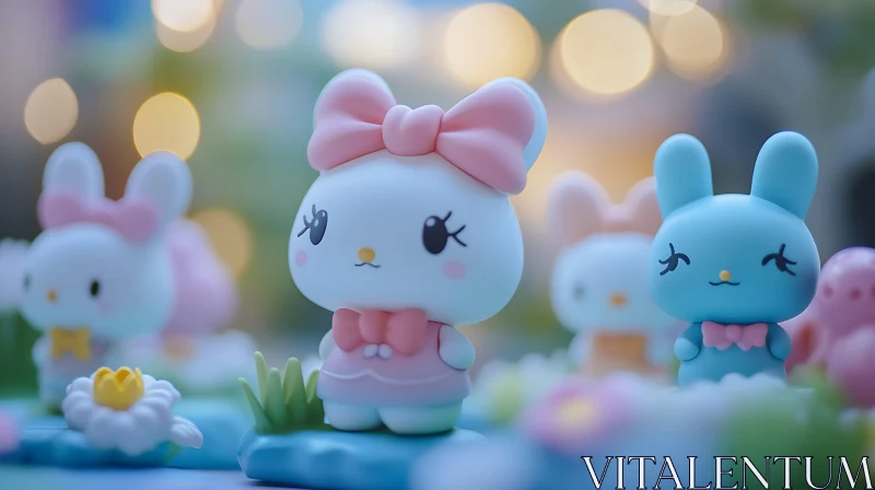 Pastel Bunny Figurines with Bokeh Background AI Image