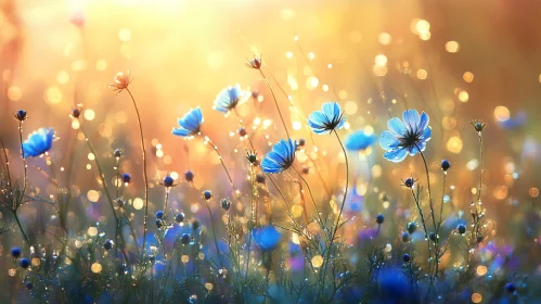 Sunlit Blue Flowers in a Dreamy Meadow