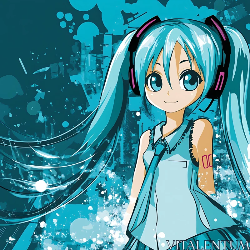 Anime Girl with Long Blue Hair and Headphones AI Image