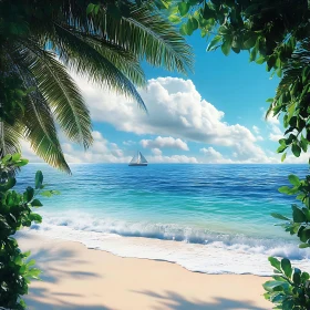 Tropical Beach with Sailboat in Distance