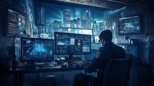 Digital Security Officer in Futuristic Cityscape