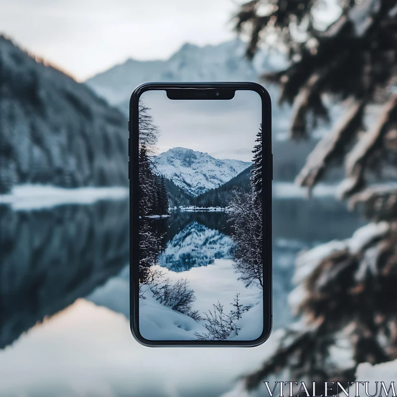 AI ART Snowy Mountain View Through a Phone