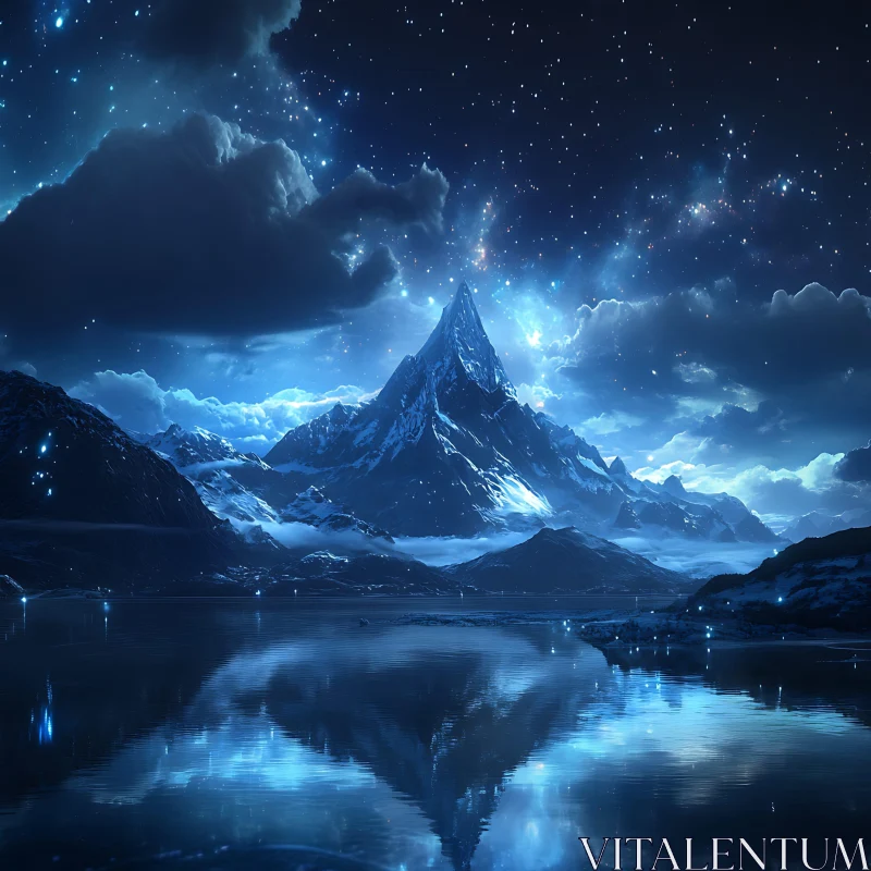 Night Mountain Range with Water Reflection AI Image