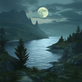 Tranquil Moon Over Mountain River