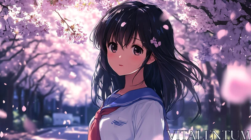 Japanese Schoolgirl in Cherry Blossom Season AI Image