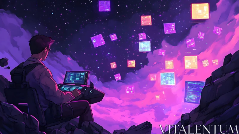 Virtual Reality Landscape with Floating Screens AI Image