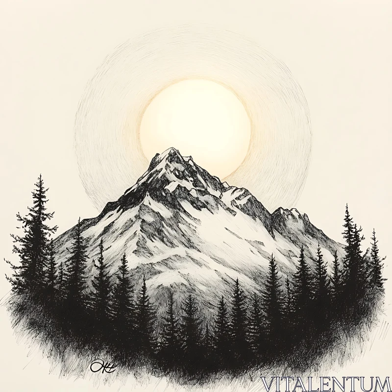 Monochrome Mountain and Forest Illustration AI Image