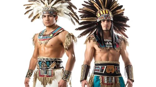 Men in Aztec costume with feathers headdress