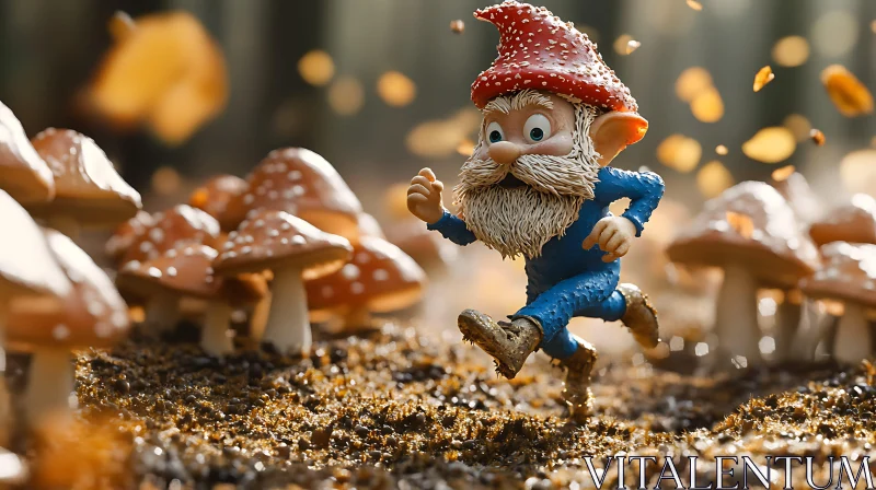 Running Gnome in Mushroom Forest AI Image