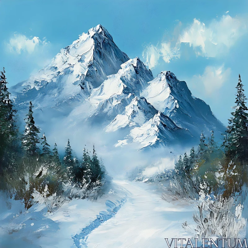 AI ART Winter Mountain Scene with Snow and Trees