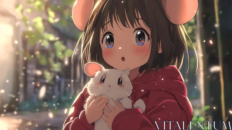 Cute Anime Girl and Hamster in Magical Forest AI Image