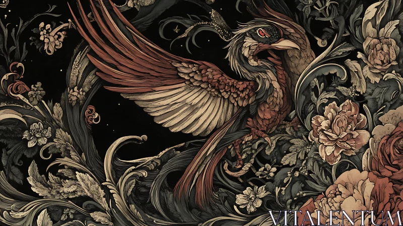 AI ART Phoenix Among Flowers Vintage Style Artwork