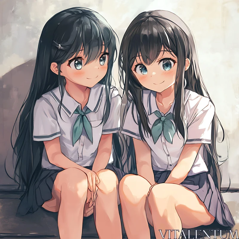 Anime Schoolgirls with Long Hair and Blue Eyes AI Image