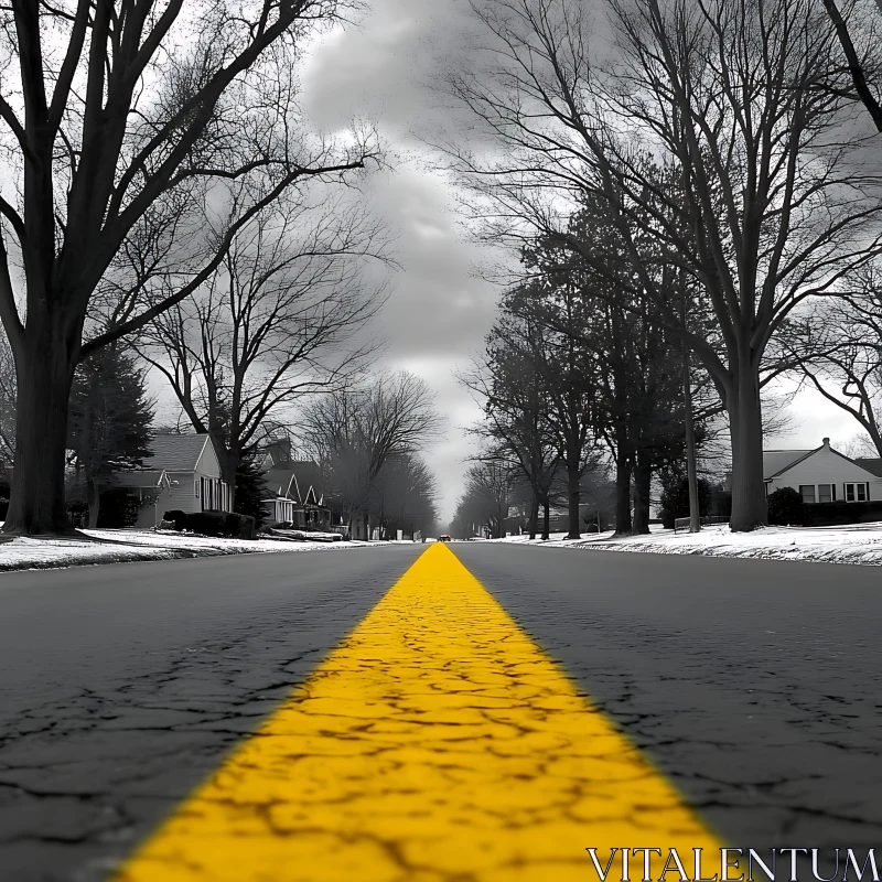 Monochrome Road with Yellow Stripe AI Image