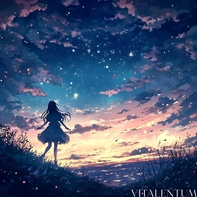 Anime Girl Gazing at Star-Filled Night AI Image