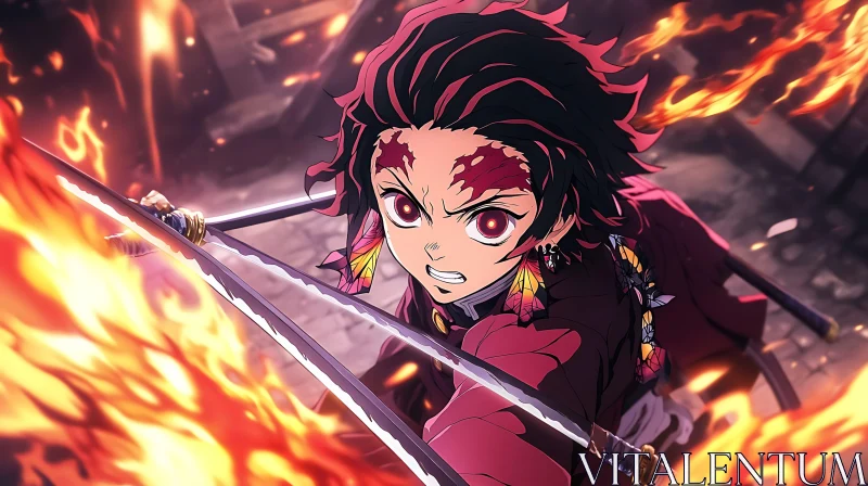 AI ART Fiery Anime Action with Swords and Flames