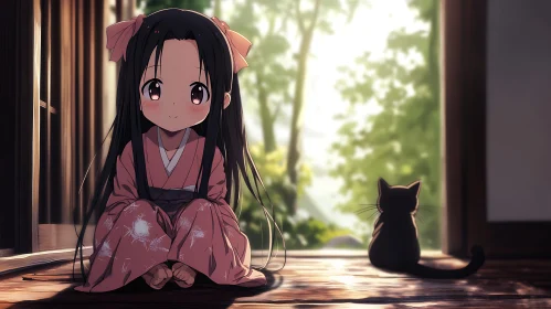 Anime Girl in Traditional Attire with Cat