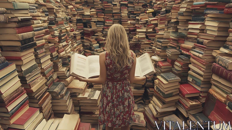 AI ART Woman Reading Among Towering Book Stacks