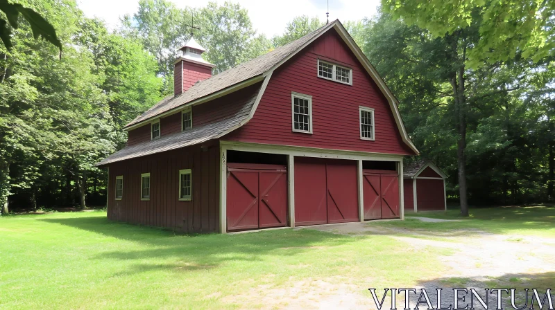 Rustic Red Barn Amidst Greenery AI Image