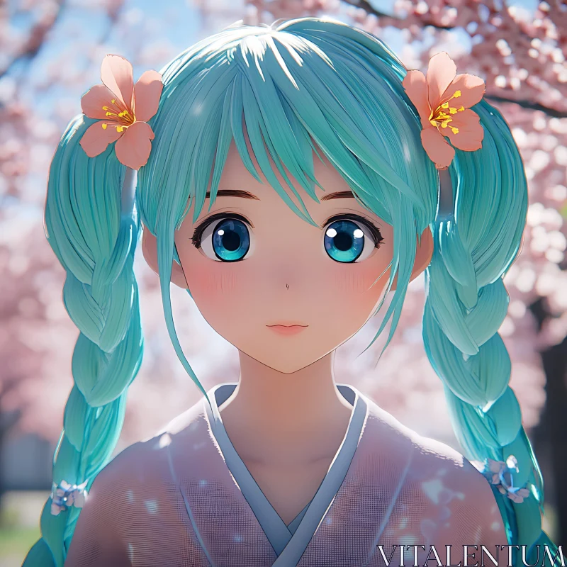 Charming Anime Girl Among Cherry Blossoms AI Image