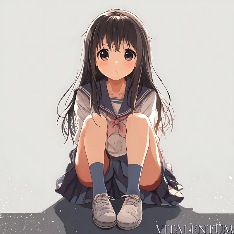 Thoughtful Anime Schoolgirl Sitting AI Image