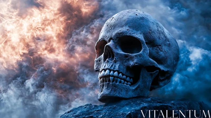 AI ART Skull on Rock with Fiery Sky