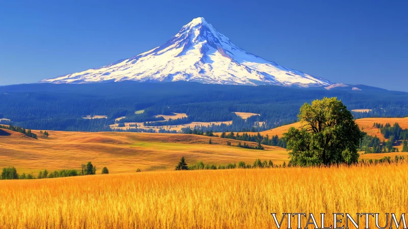 Snowy Mountain over Golden Field AI Image