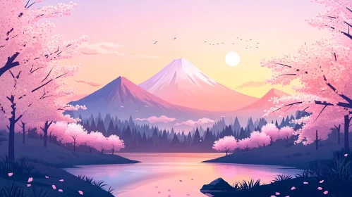 Serene Mountain Sunset with Blossoms