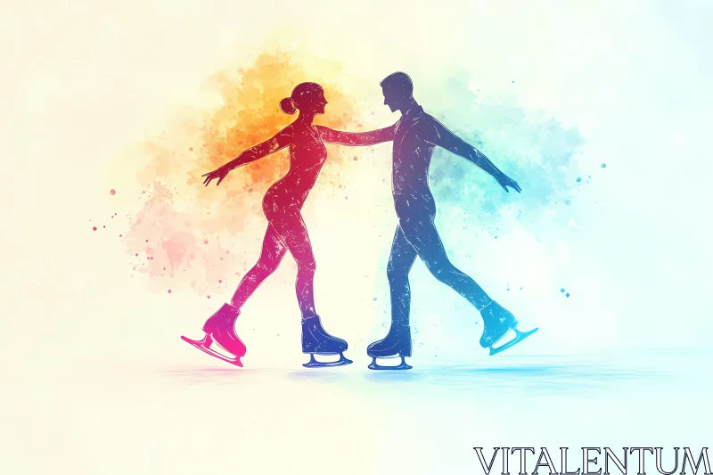 Artistic Silhouette of Ice Skating Duo in Watercolor AI Generated Picture AI Image