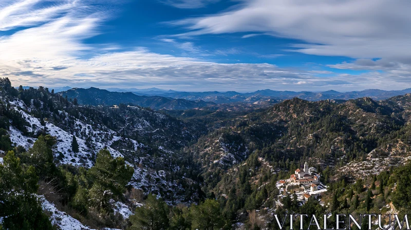 Winter Mountain Monastery Landscape AI Image