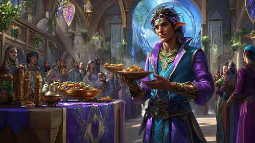 Elven Banquet Scene with Regal Server