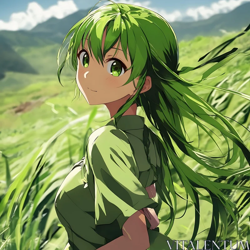 AI ART Nature-Inspired Anime Character in Green Field