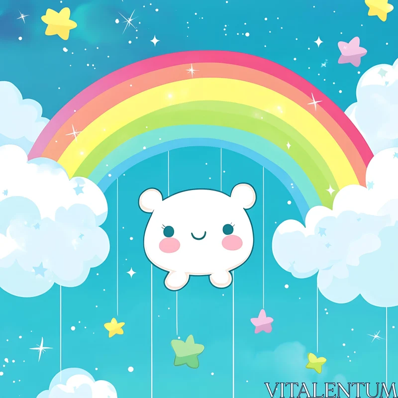 Adorable Cartoon Bear with Rainbow and Clouds AI Image