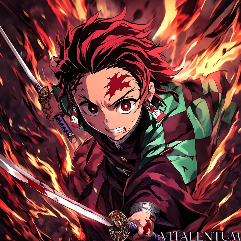 Fierce Anime Warrior in Fiery Battle AI Image