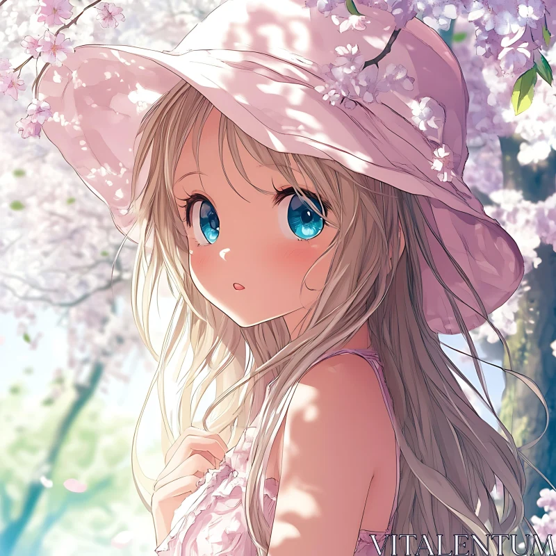 Serene Anime Girl with Cherry Blossom Background AI Image