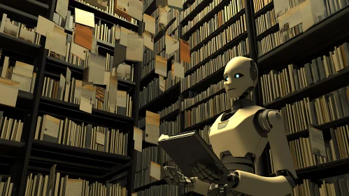 AI Robot in a Book Filled Library