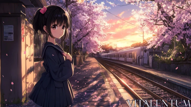 Girl at Railway Platform with Cherry Blossoms and Sunset - Anime Art AI Image