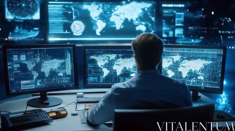 Man Analyzing World Map on Monitors AI Image