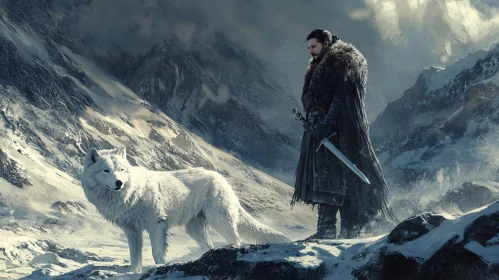 Snowy Mountain Guardian and Loyal Wolf