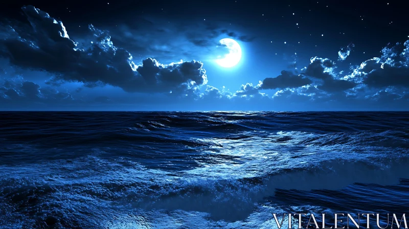 Night Seascape with Moonlight Reflection AI Image