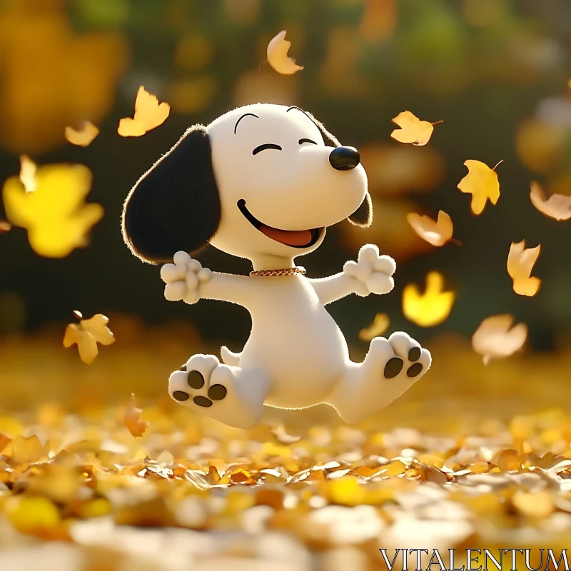 Happy Cartoon Dog Jumping Among Fall Leaves AI Image